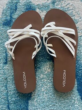 Volcom White Strappy Brown Footbed Women's Slide Sandals